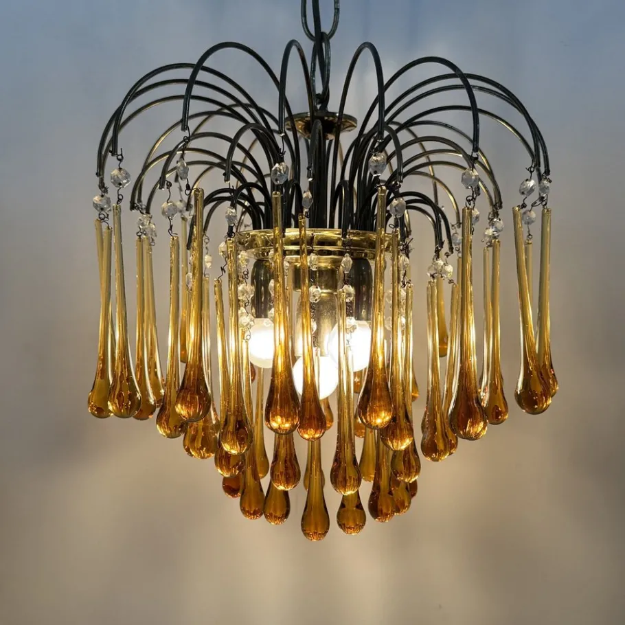 Discount Pamono Mid- Century Murano Amber Glass Tear Drop Chandelier, 1970s