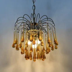 Discount Pamono Mid- Century Murano Amber Glass Tear Drop Chandelier, 1970s