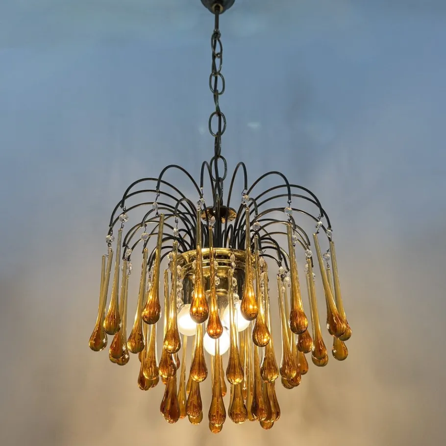 Discount Pamono Mid- Century Murano Amber Glass Tear Drop Chandelier, 1970s
