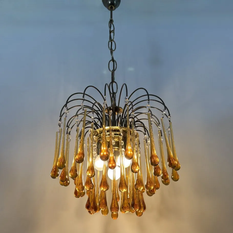 Discount Pamono Mid- Century Murano Amber Glass Tear Drop Chandelier, 1970s