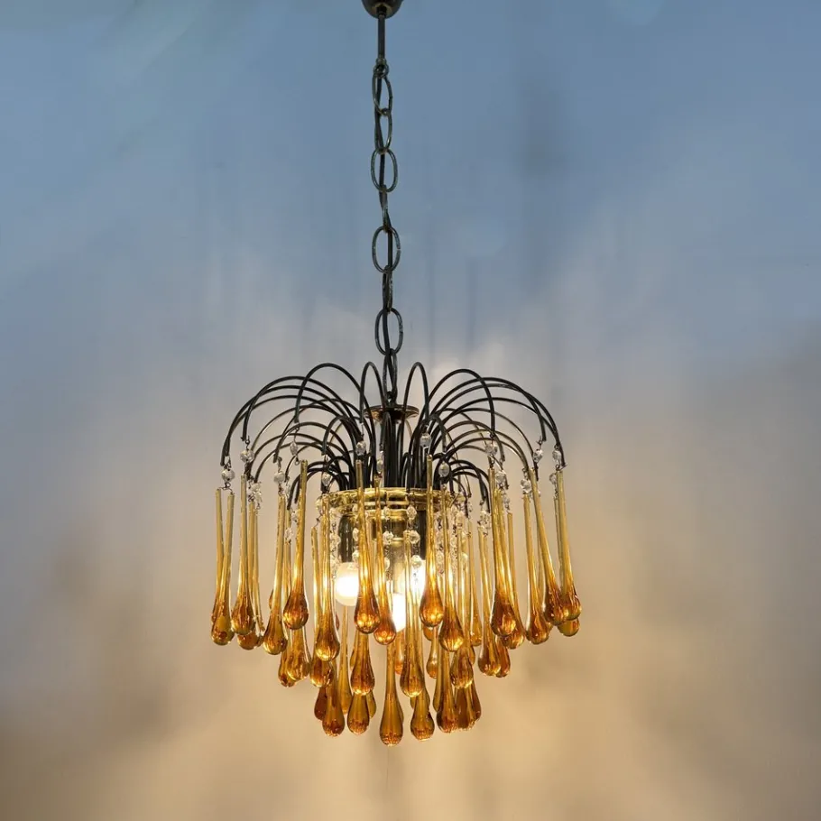 Discount Pamono Mid- Century Murano Amber Glass Tear Drop Chandelier, 1970s