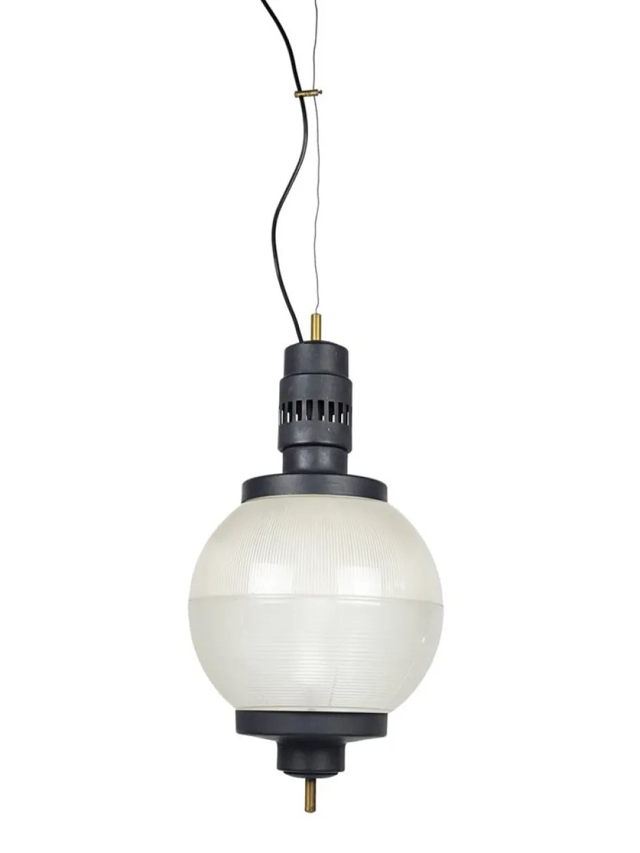 Best Pamono Mid-Century Black Aluminum Azucena Pendant Lamp with Brass & Molded Glass Shade, 1950s