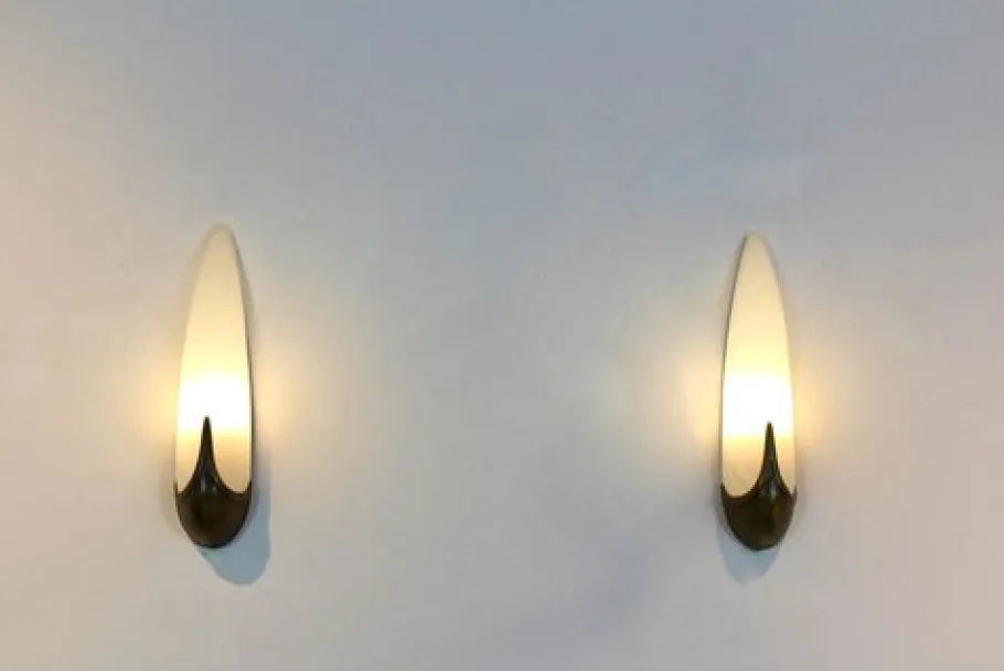 Clearance Pamono Mid-Century Brass & Craquelé Frosted Glass Wall Lights, Set of 2