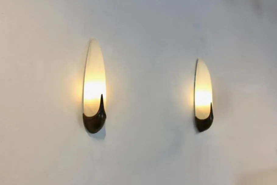 Clearance Pamono Mid-Century Brass & Craquelé Frosted Glass Wall Lights, Set of 2