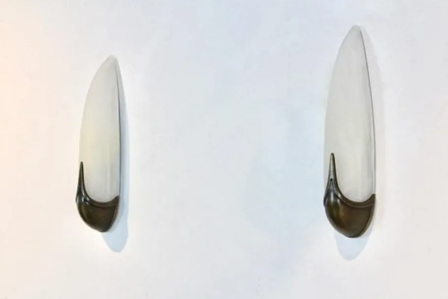 Clearance Pamono Mid-Century Brass & Craquelé Frosted Glass Wall Lights, Set of 2