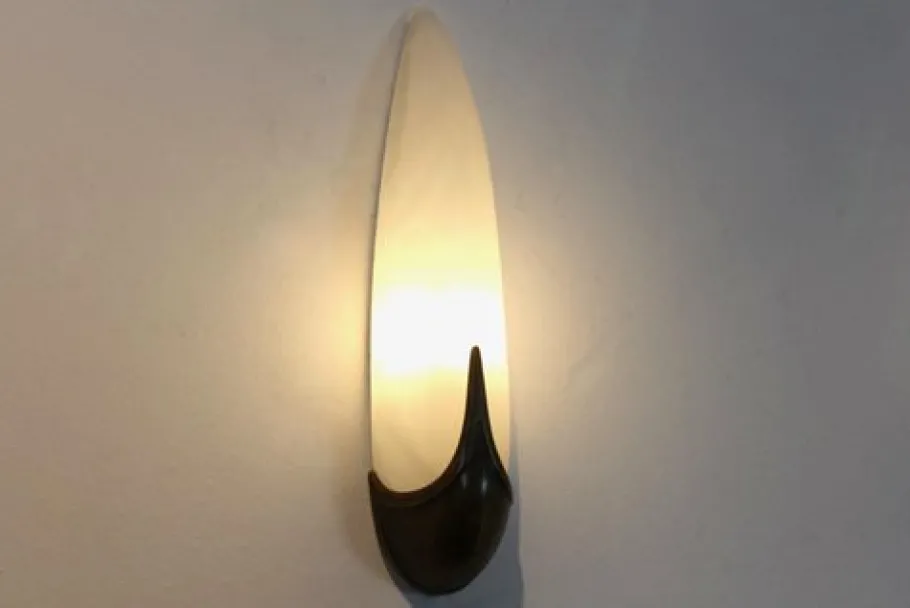 Clearance Pamono Mid-Century Brass & Craquelé Frosted Glass Wall Lights, Set of 2