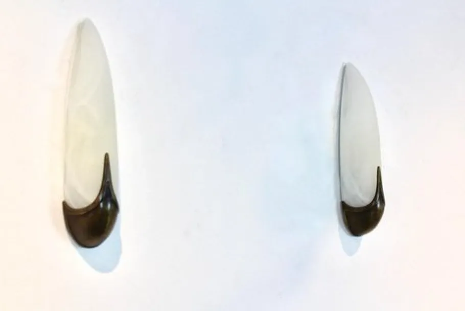 Clearance Pamono Mid-Century Brass & Craquelé Frosted Glass Wall Lights, Set of 2