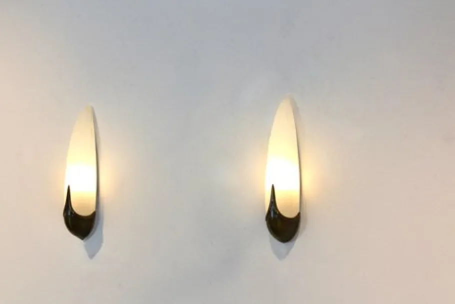 Clearance Pamono Mid-Century Brass & Craquelé Frosted Glass Wall Lights, Set of 2