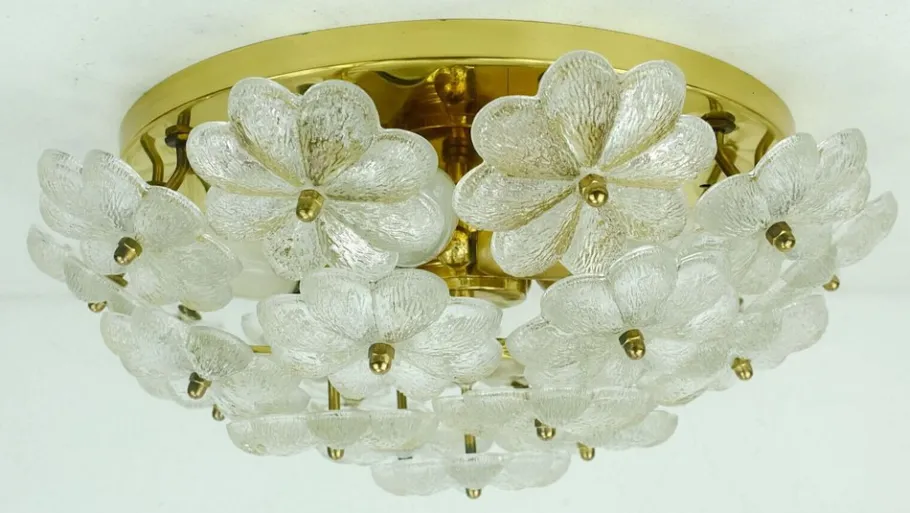 New Pamono Mid-Century Brass & Glass Flower Ceiling Lamp by Ernst Palme, 1960s