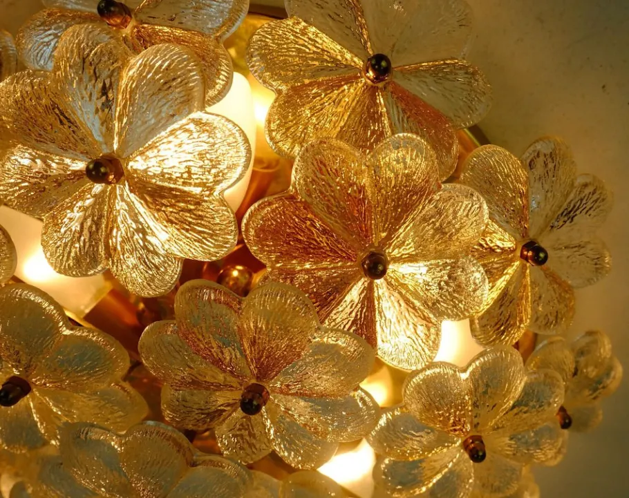 New Pamono Mid-Century Brass & Glass Flower Ceiling Lamp by Ernst Palme, 1960s