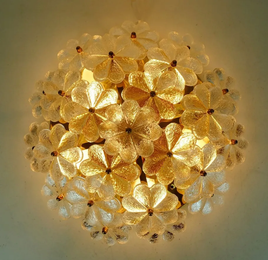 New Pamono Mid-Century Brass & Glass Flower Ceiling Lamp by Ernst Palme, 1960s