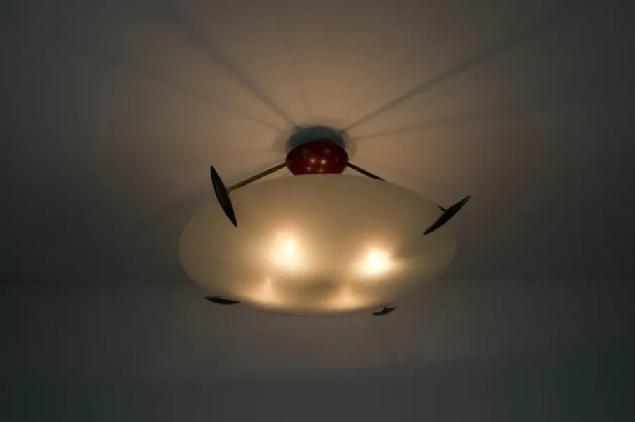 Clearance Pamono Mid-Century Brass and Glass Flush Mount, Italy, 1960s