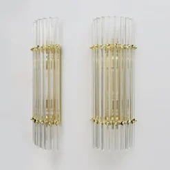 New Pamono Mid-Century Brass and Murano Glass Triedri Sconces in the style of Venini, 2000s, Set of 2