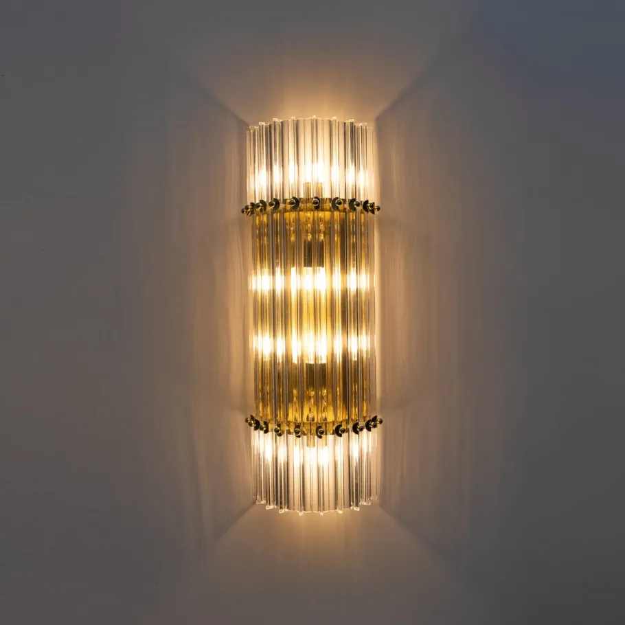 New Pamono Mid-Century Brass and Murano Glass Triedri Sconces in the style of Venini, 2000s, Set of 2