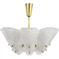 Hot Pamono Mid-Century Brass Chandelier with White Textured Glass Lamp Shades attributed to J. T. Kalmar for Kalmar, 1950s