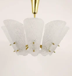 Hot Pamono Mid-Century Brass Chandelier with White Textured Glass Lamp Shades attributed to J. T. Kalmar for Kalmar, 1950s