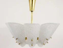 Hot Pamono Mid-Century Brass Chandelier with White Textured Glass Lamp Shades attributed to J. T. Kalmar for Kalmar, 1950s