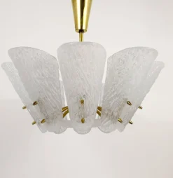 Hot Pamono Mid-Century Brass Chandelier with White Textured Glass Lamp Shades attributed to J. T. Kalmar for Kalmar, 1950s