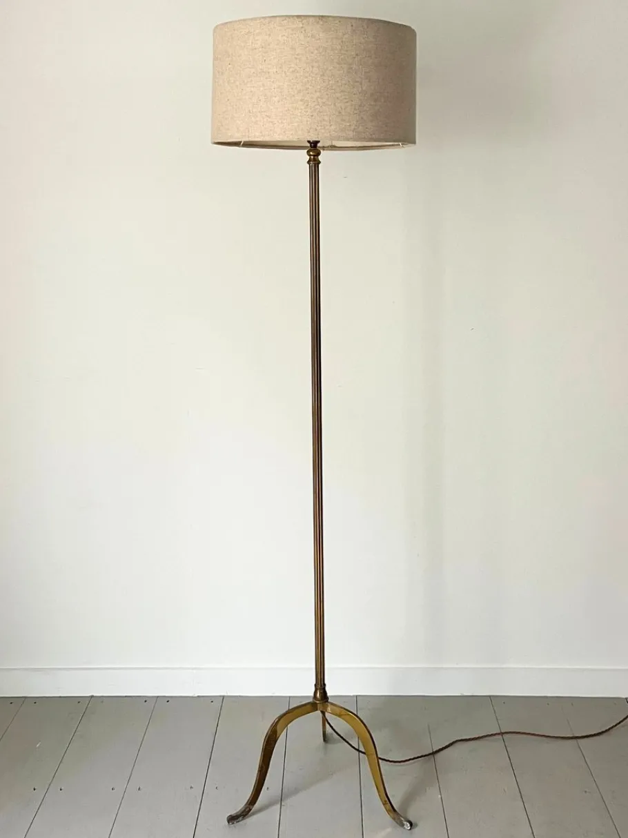 Discount Pamono Mid-Century Brass Reeded Floor Lamp with Arched Tripod Feet, France, 1950s