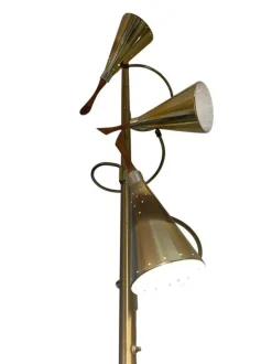 Pamono Mid-Century Brass Tension Pole Lamp with Spiral Arms and Cone Shades attributed to Stiffel, 1950s