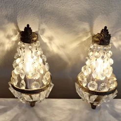 Sale Pamono Mid-Century Brass Wall Lamps Crystal Glass Drops, 1950s, Set of 2