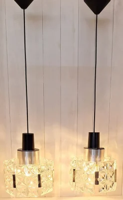 Discount Pamono Mid-Century Ceiling Lamps with Silver-Plated Metal Rods and Clear Crystal Plate Inserts from Hillebrand, 1960s, Set of 2