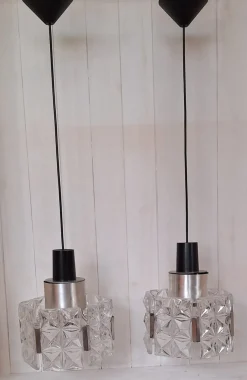Discount Pamono Mid-Century Ceiling Lamps with Silver-Plated Metal Rods and Clear Crystal Plate Inserts from Hillebrand, 1960s, Set of 2
