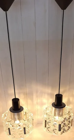 Discount Pamono Mid-Century Ceiling Lamps with Silver-Plated Metal Rods and Clear Crystal Plate Inserts from Hillebrand, 1960s, Set of 2