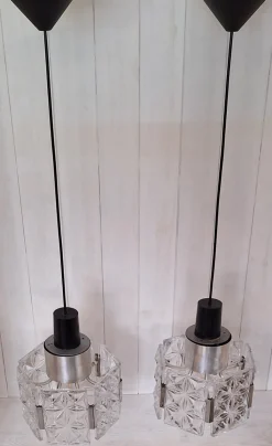 Discount Pamono Mid-Century Ceiling Lamps with Silver-Plated Metal Rods and Clear Crystal Plate Inserts from Hillebrand, 1960s, Set of 2