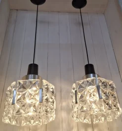 Discount Pamono Mid-Century Ceiling Lamps with Silver-Plated Metal Rods and Clear Crystal Plate Inserts from Hillebrand, 1960s, Set of 2