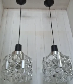 Discount Pamono Mid-Century Ceiling Lamps with Silver-Plated Metal Rods and Clear Crystal Plate Inserts from Hillebrand, 1960s, Set of 2