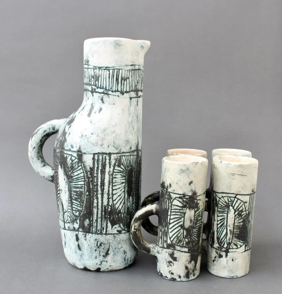 Best Pamono Mid-Century Ceramic Pitcher and Drinking Cups by Jacques Blin, 1950s, Set of 5