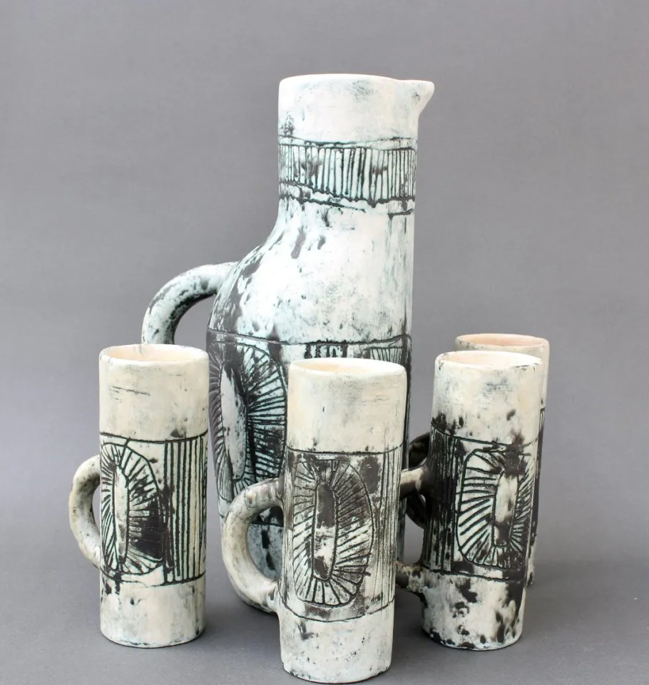 Best Pamono Mid-Century Ceramic Pitcher and Drinking Cups by Jacques Blin, 1950s, Set of 5