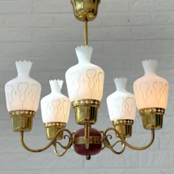 New Pamono Mid-Century Chandelier in Brass and Opal Glass, Sweden, 1950s