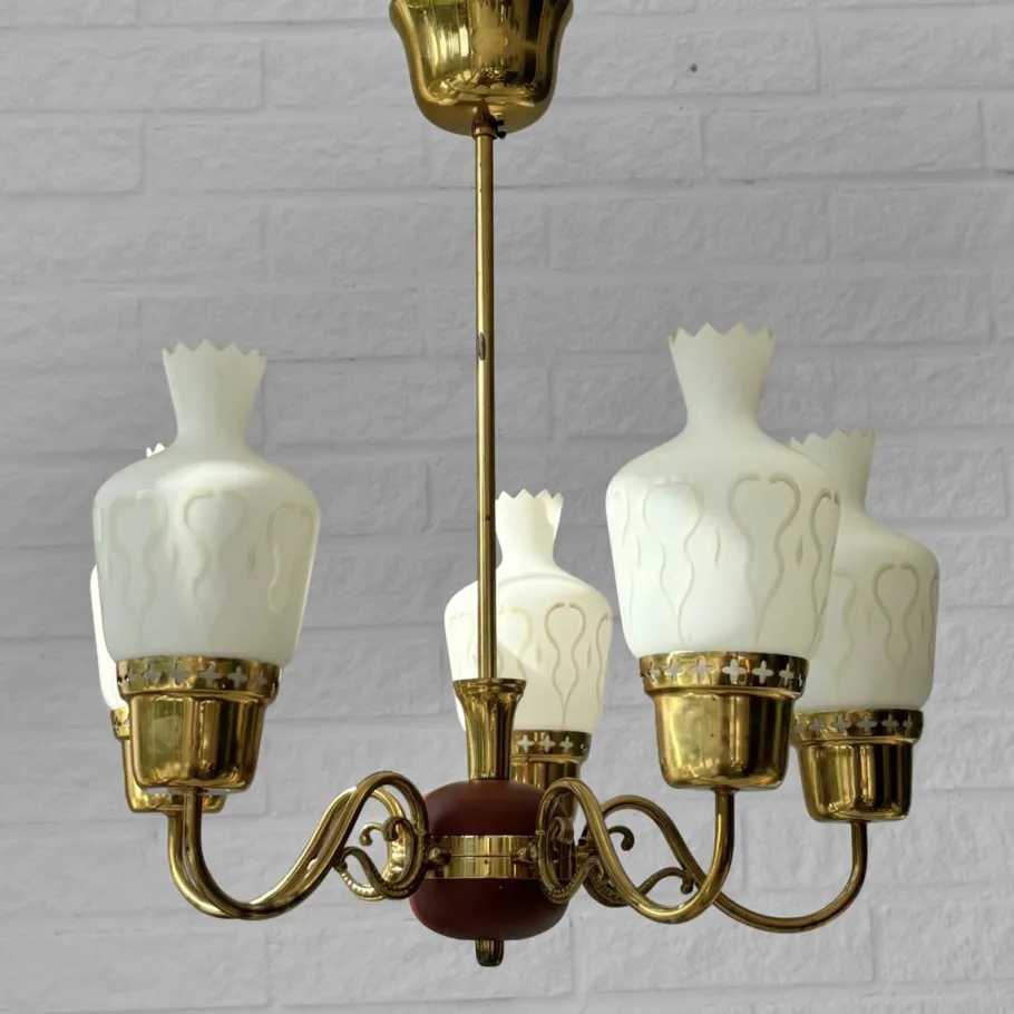 New Pamono Mid-Century Chandelier in Brass and Opal Glass, Sweden, 1950s