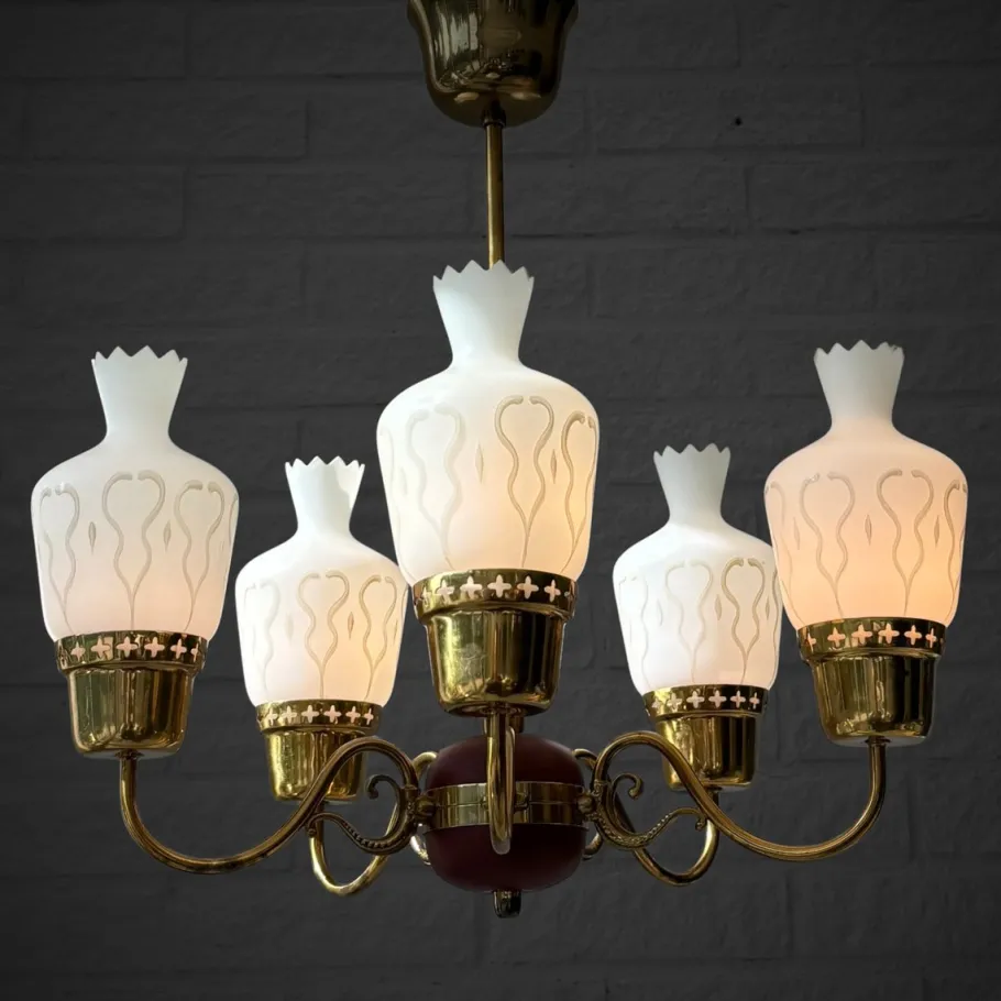 New Pamono Mid-Century Chandelier in Brass and Opal Glass, Sweden, 1950s