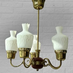 New Pamono Mid-Century Chandelier in Brass and Opal Glass, Sweden, 1950s