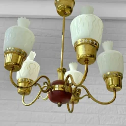 New Pamono Mid-Century Chandelier in Brass and Opal Glass, Sweden, 1950s