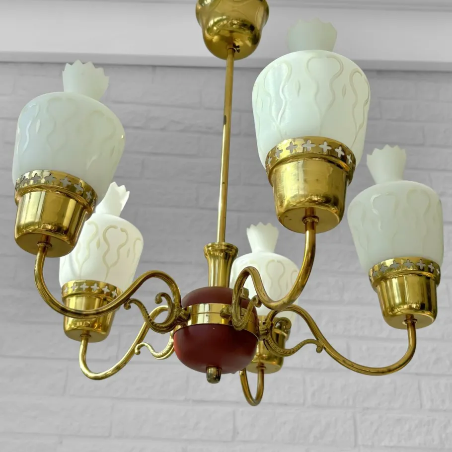 New Pamono Mid-Century Chandelier in Brass and Opal Glass, Sweden, 1950s