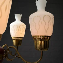 New Pamono Mid-Century Chandelier in Brass and Opal Glass, Sweden, 1950s