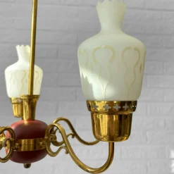 New Pamono Mid-Century Chandelier in Brass and Opal Glass, Sweden, 1950s