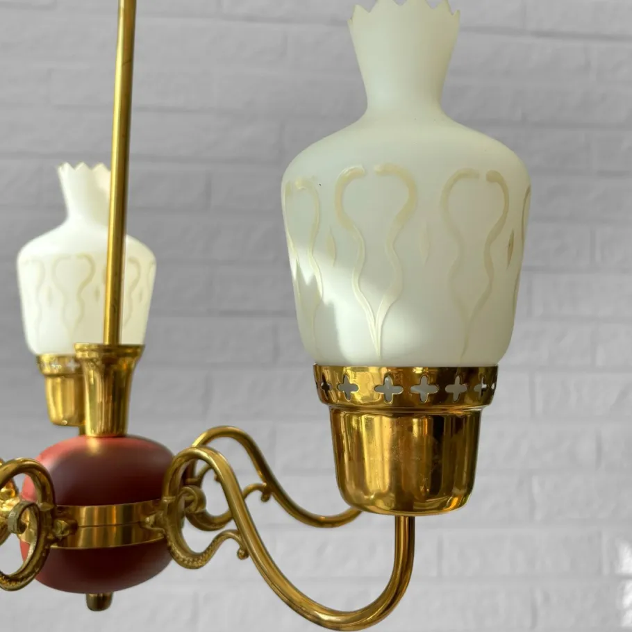 New Pamono Mid-Century Chandelier in Brass and Opal Glass, Sweden, 1950s