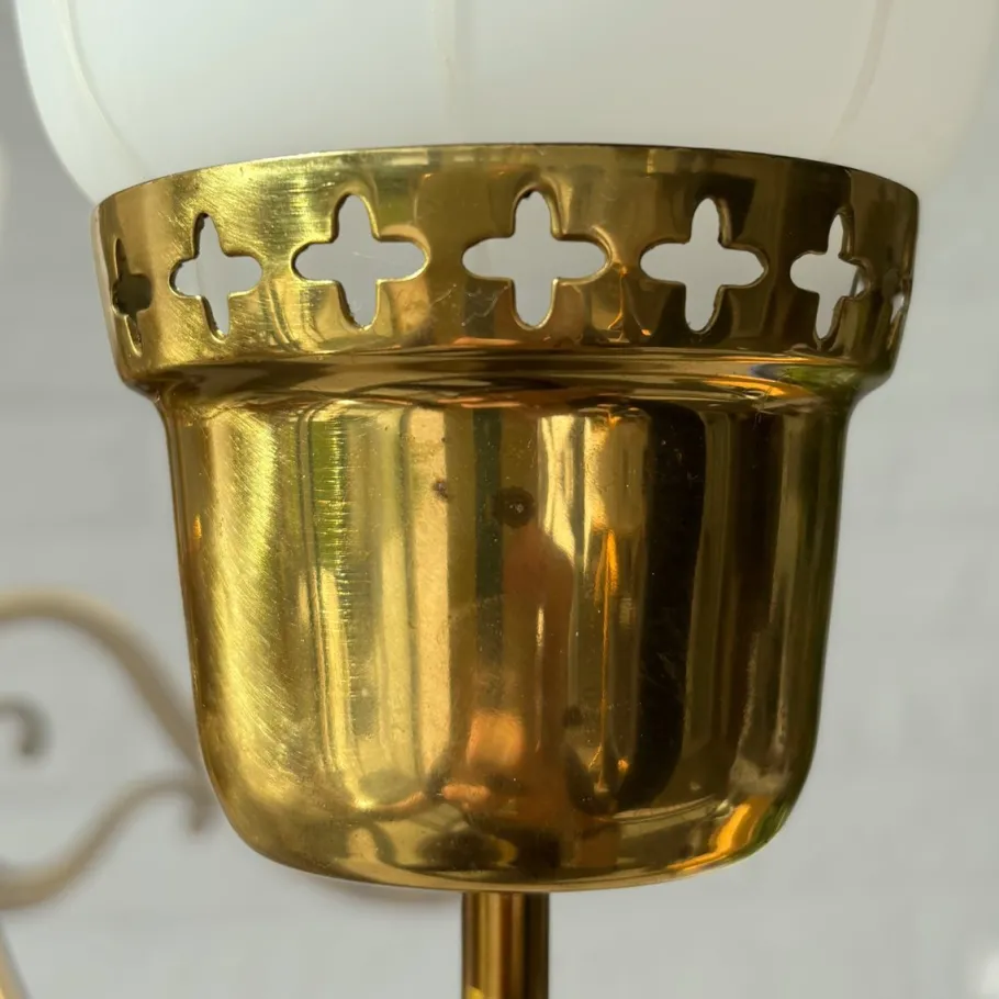 New Pamono Mid-Century Chandelier in Brass and Opal Glass, Sweden, 1950s