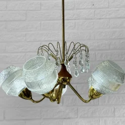 Sale Pamono Mid-Century Chandelier in Teak, Brass and Crystal, Sweden, 1950s