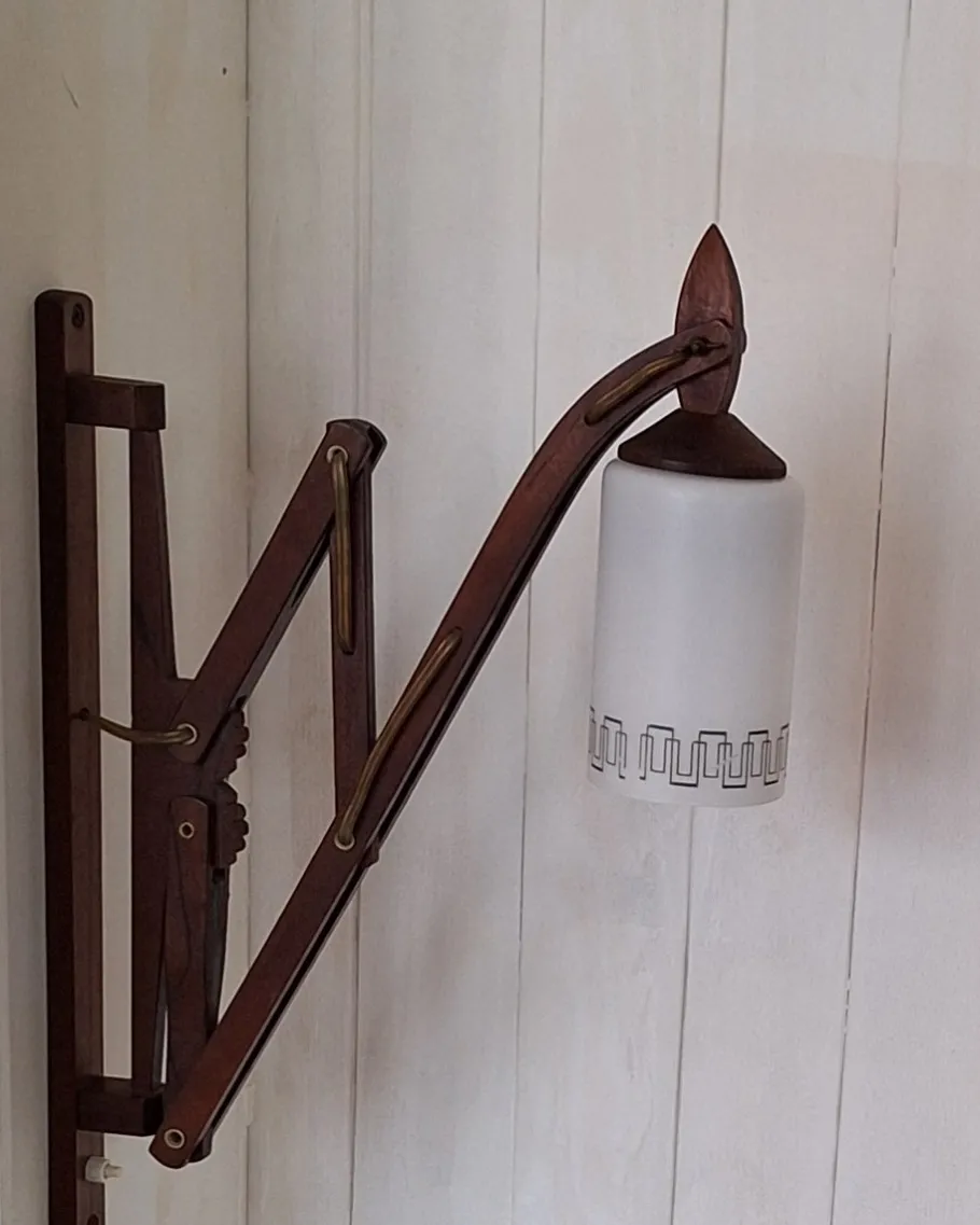 Best Pamono Mid-Century Danish Extendable Teak Wall Lamp with Swivel Arm and White Patterned Glass Shade, 1960s