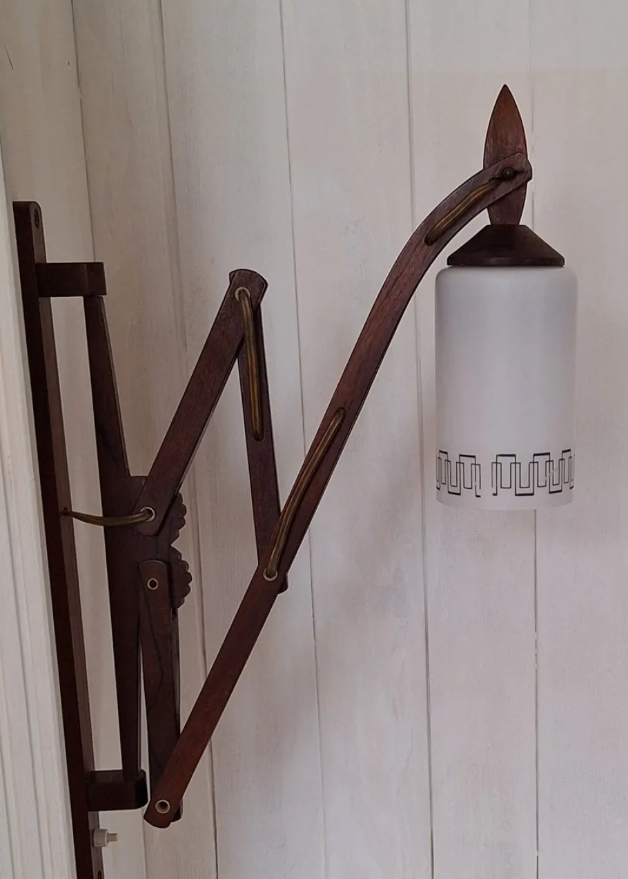 Best Pamono Mid-Century Danish Extendable Teak Wall Lamp with Swivel Arm and White Patterned Glass Shade, 1960s