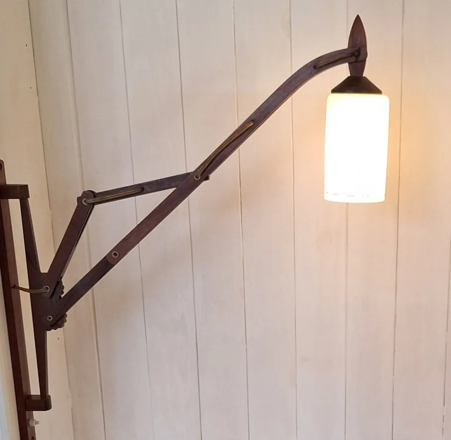 Best Pamono Mid-Century Danish Extendable Teak Wall Lamp with Swivel Arm and White Patterned Glass Shade, 1960s