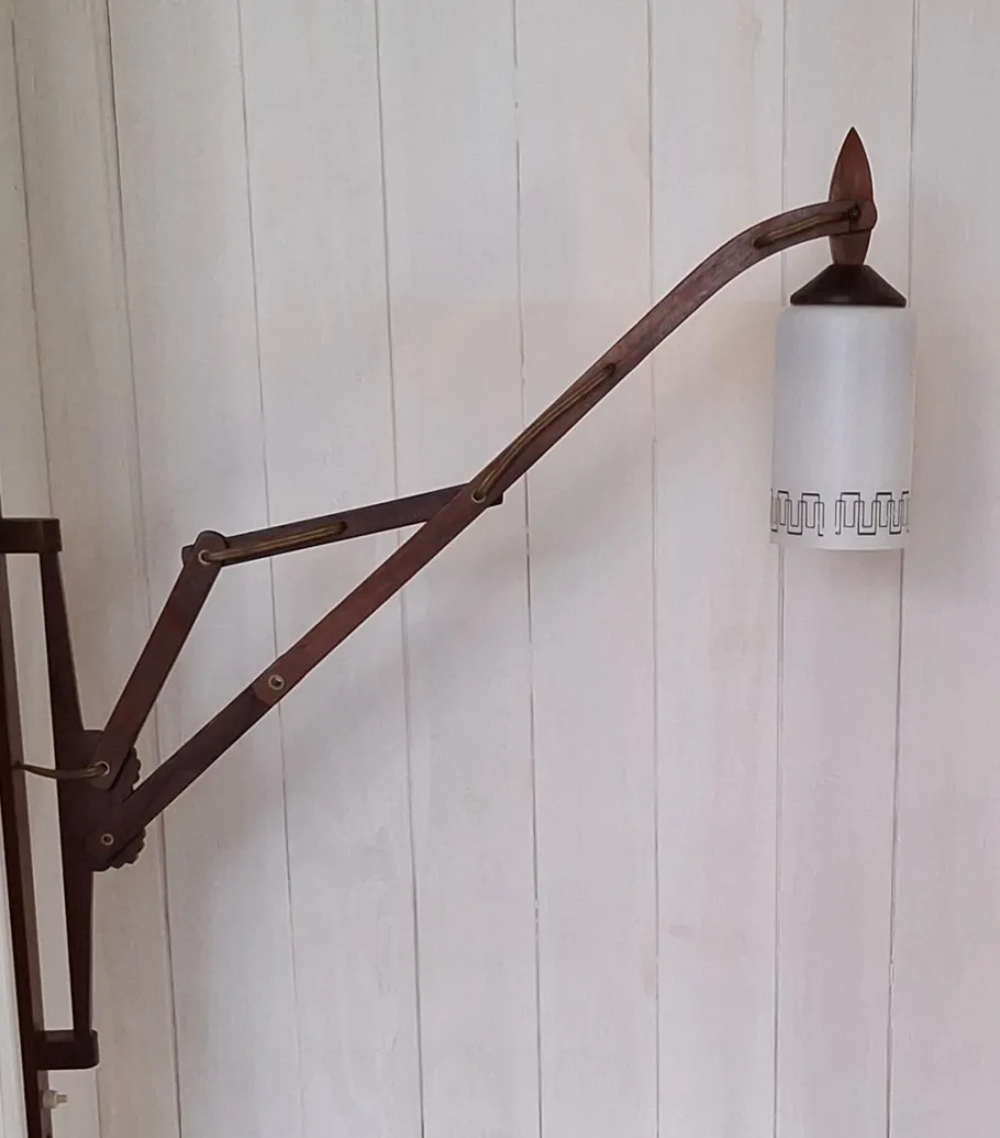 Best Pamono Mid-Century Danish Extendable Teak Wall Lamp with Swivel Arm and White Patterned Glass Shade, 1960s