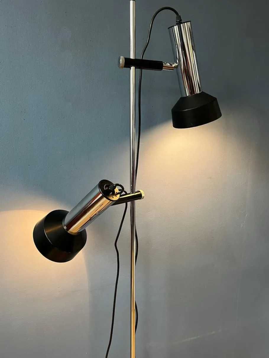 New Pamono Mid-Century Floor Lamp with Two Black and Chrome Spots, 1970s