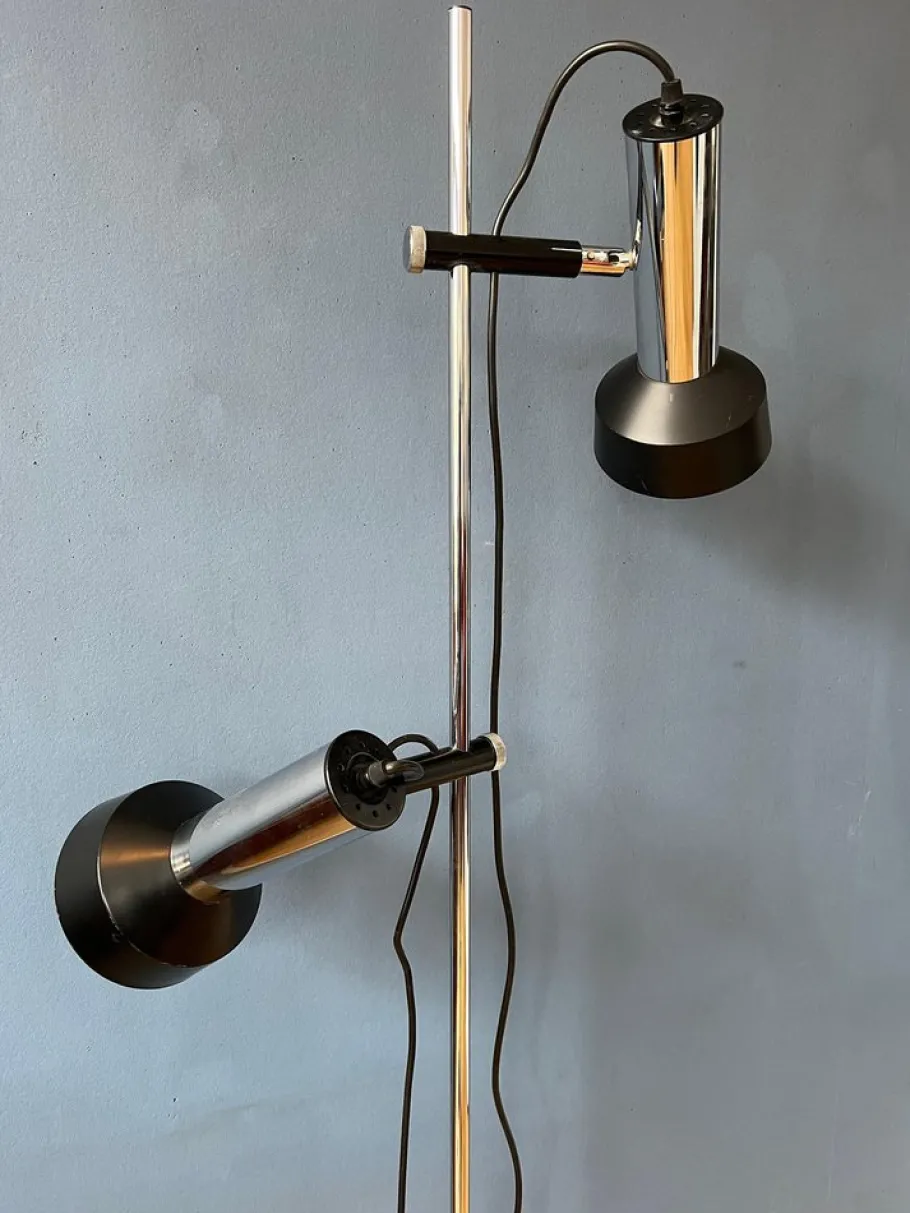 New Pamono Mid-Century Floor Lamp with Two Black and Chrome Spots, 1970s